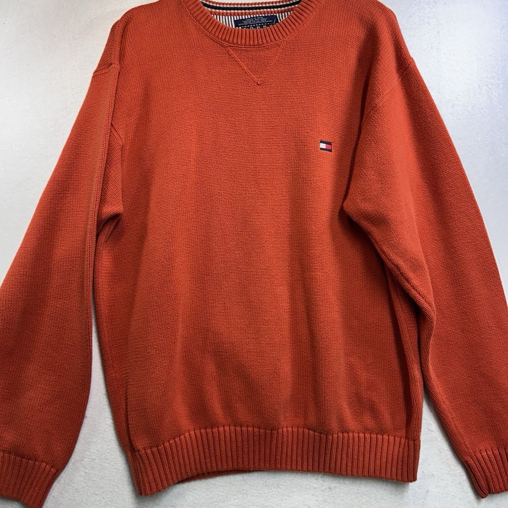 Y2K Tommy Hilfiger Sweater Men's L Heavyweight Crew Neck Orange - Picture 1 of 5
